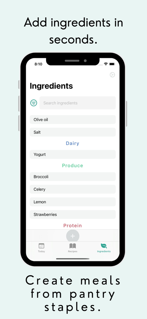 Zest Recipe Planner - Zest 레시피 플래너 앱 인터페이스, 유제품, 농산물, 단백질별로 분류된 주방 재료 목록 표시