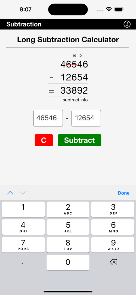 Long Subtraction - Interface of the Long Subtraction app showing a solved math problem with borrowing steps.