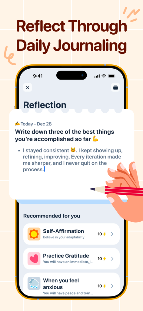 Capy: Self-Care Pet & Planner - Tela de um aplicativo móvel mostrando um prompt de reflexão diária e atividades de autocuidado recomendadas, como gratidão e autoafirmação.