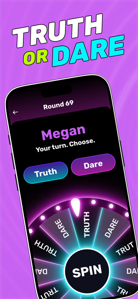 Truth or Dare Dirty 18+ - Truth or Dare Dirty 18 plus app interface showing a spin wheel and game choices on an iPhone