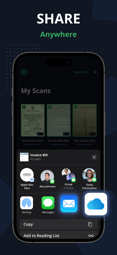 PDF Scanner App - Scan PDF Doc - User interface of the PDF Scanner App displaying document sharing options through email, messages, and cloud services.
