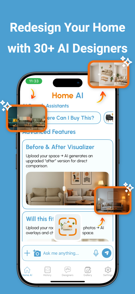 Home AI: Home Design & Garden - Home AI app interface showcasing before and after room redesign and AI design features