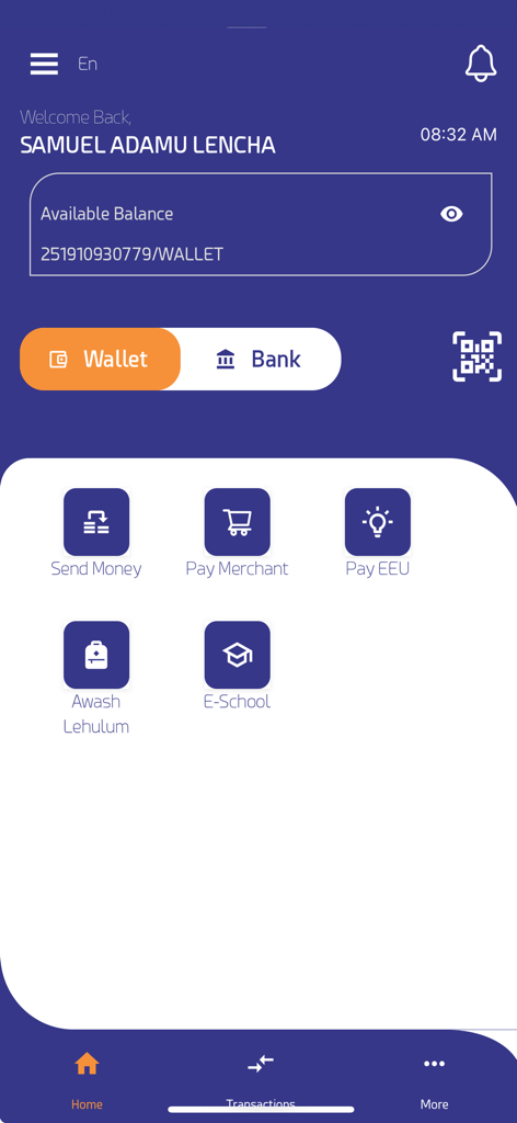 AwashBIRR Pro - AwashBIRR Pro app dashboard showing wallet balance and financial services like send money and bill payments