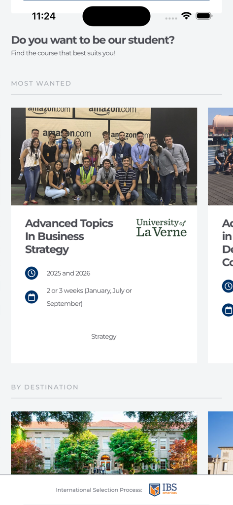 IBS Americas - Aplicativo IBS Americas exibindo detalhes do curso de Tópicos Avançados em Estratégia de Negócios na University of La Verne