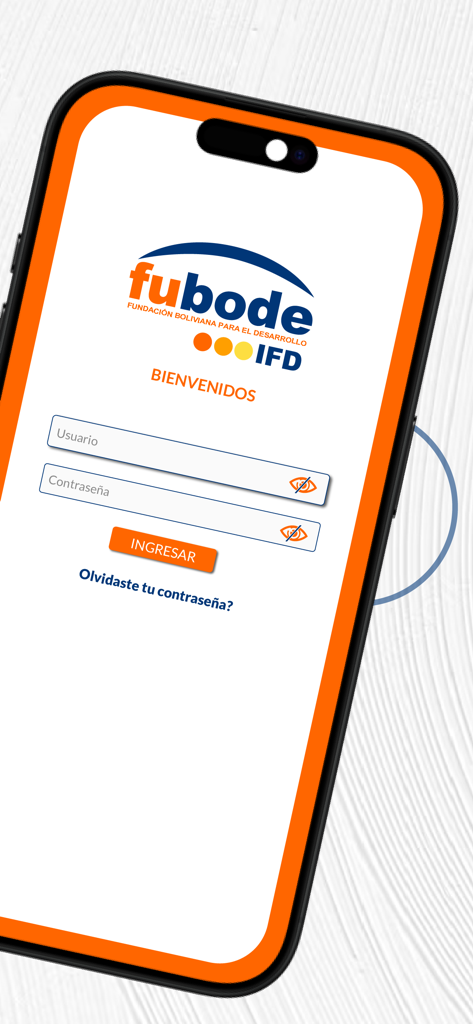 Fubode IFD - Tela de login do aplicativo de bancos móveis Fubode IFD mostrando campos para nome de usuário e senha.
