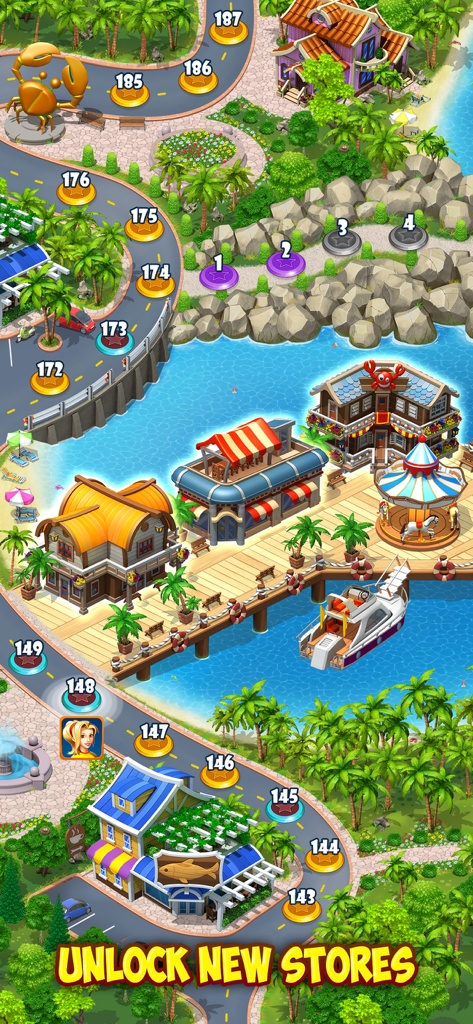 Supermarket Mania Journey - A colorful city level map in Supermarket Mania Journey showing various buildings, a pier, and numbered level pins.