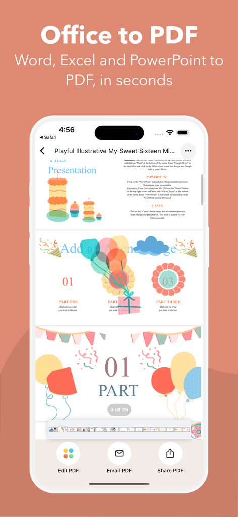 PDF it All Document Converter - iPhone-Bildschirm, der die Office-to-PDF-Konvertierungsfunktion mit einem farbenfrohen Präsentationsdokument anzeigt