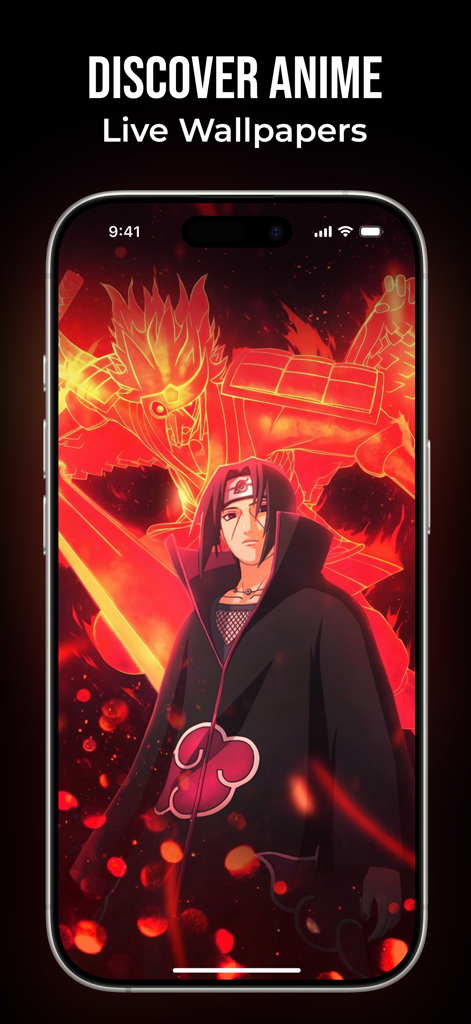 Live Wallpapers -4K Background - Pantalla de iPhone mostrando un fondo de pantalla animado de anime de Itachi Uchiha con efectos visuales rojos brillantes