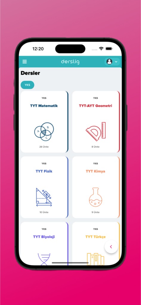 Derslig - Derslig app interface showing various Turkish exam preparation courses like Math and Physics.