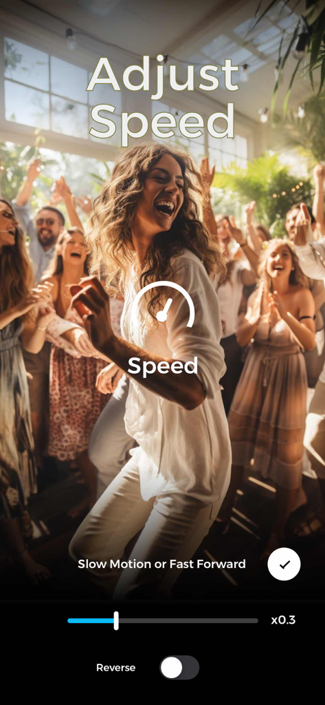 StoryWave - Video Maker - Mobile app interface showing video speed adjustment controls with slow motion and fast forward options