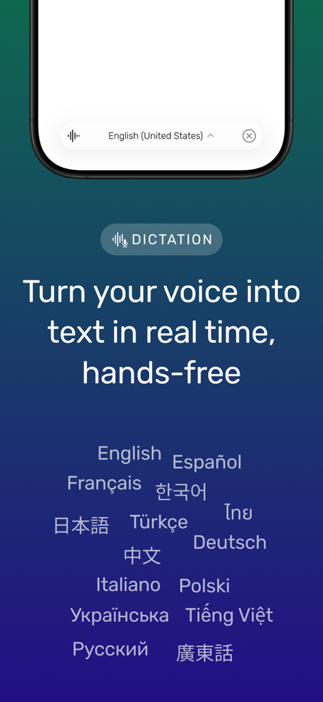 Noted: Record & AI Transcribe - Écran promotionnel de l'application Noted soulignant sa fonction de dictée mains libres en temps réel avec les langues prises en charge listées ci-dessous