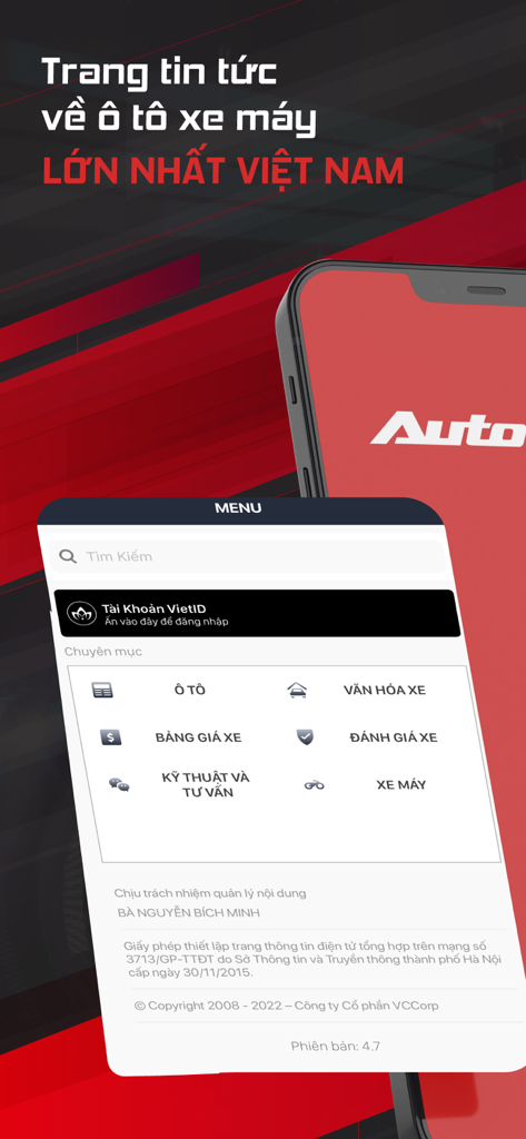 AutoPro - Menú de la aplicación móvil AutoPro para noticias de autos y motocicletas en Vietnam