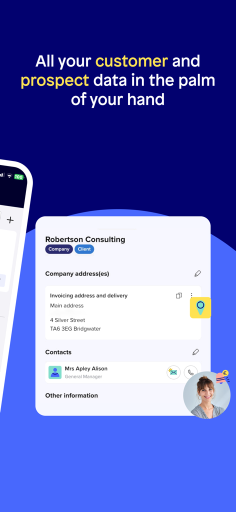 Sellsy CRM - Sellsy CRM mobile interface displaying customer company details and contact information