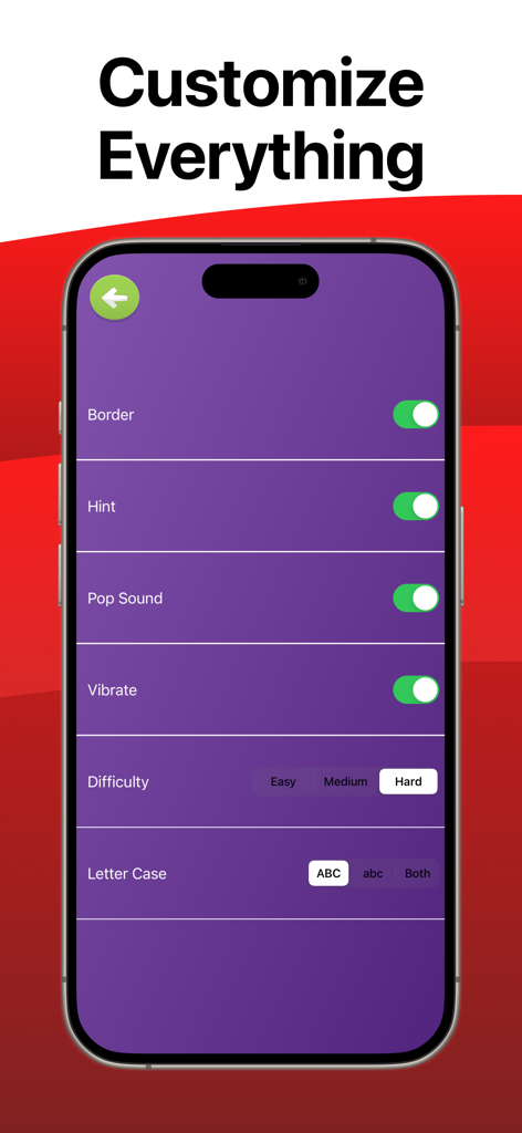 Alphabet Dots: ABC Learning - Alphabet Dots app settings menu showing options to customize difficulty letter case and sounds