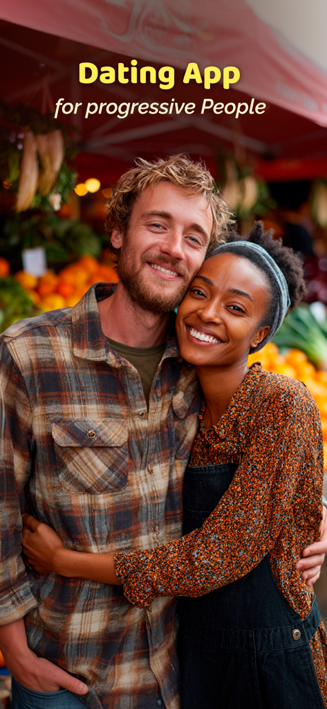 Flamr Dating for Progressives - A smiling diverse couple hugging at a farmers market representing the Flamr dating app for progressive people