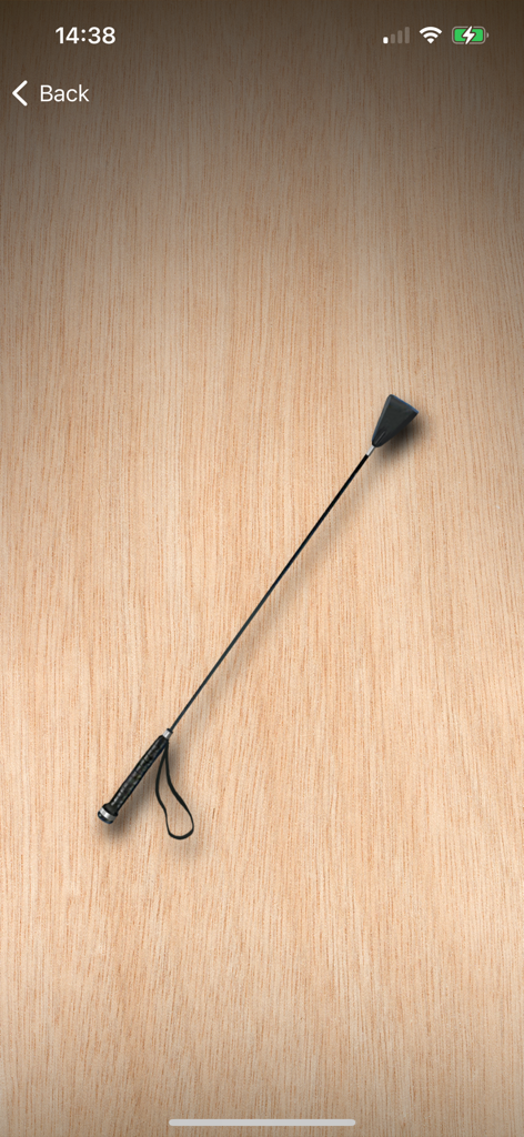 A black riding crop whip displayed on a light wood background in the Pocket Whip app.