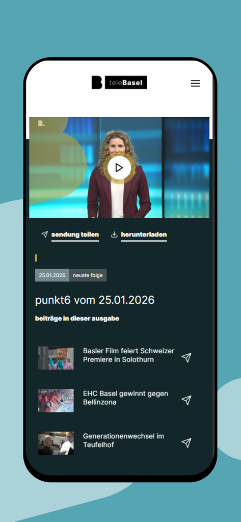 The Telebasel mobile app interface displaying a news video player and a list of local Basel news segments.