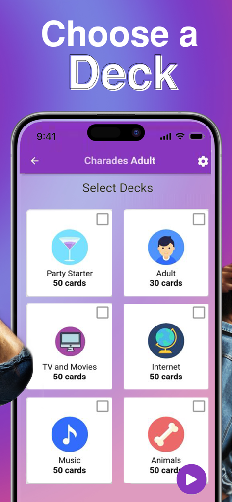 Charades app interface showing various game deck categories like party starter adult and movies