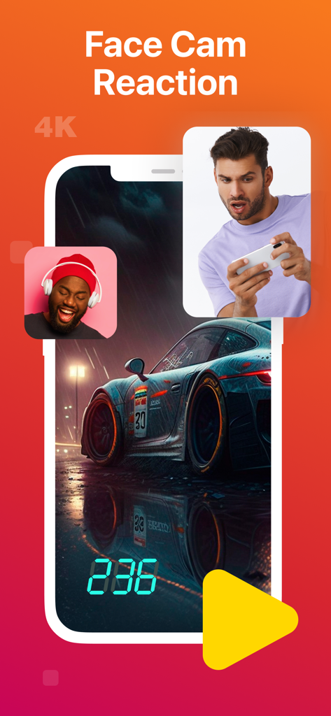 Screen Recorder - Record it! - Aplicación Screen Recorder mostrando la función Face Cam Reaction sobre un juego de carreras móvil