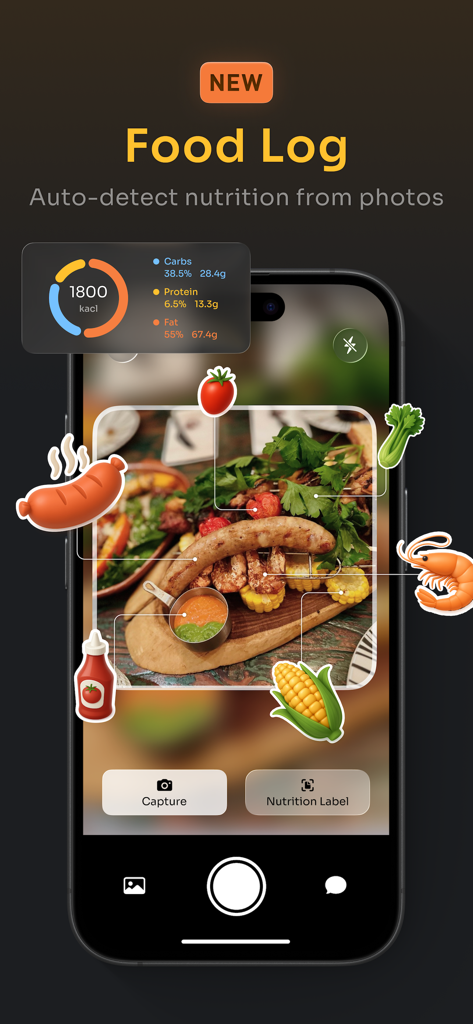 Interface de l'application PeakWatch montrant la fonction de journal alimentaire IA détectant automatiquement la nutrition et les macros à partir d'une photo de repas