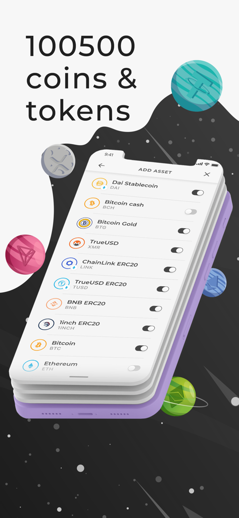 Trustee Wallet bitcoin wallet - Mobile app screen showing the Add Asset page in Trustee Wallet with a list of supported coins and tokens like Bitcoin and Ethereum