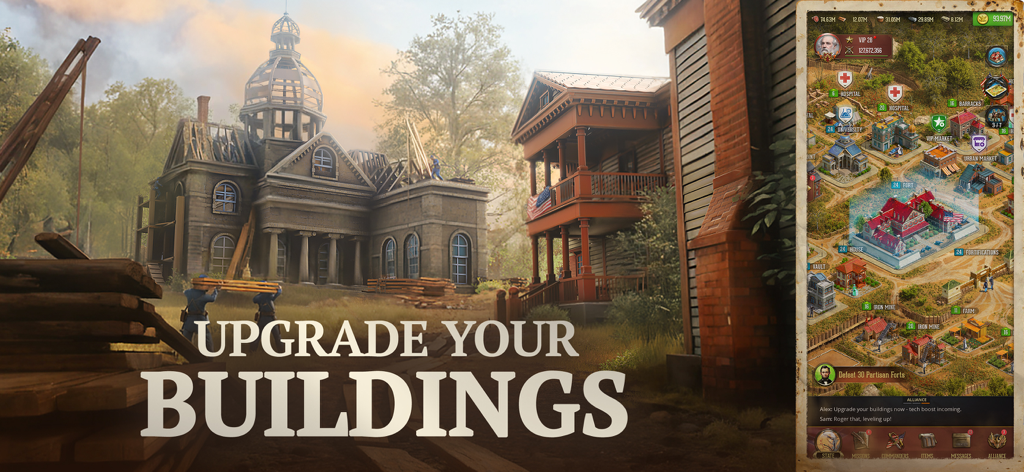 War and Peace: Civil War - A game screenshot showing a historical building under construction and a base management interface for a Civil War strategy game