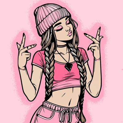 realistic teenage girl with braids and a beanie and crop top doing 🫶🏼