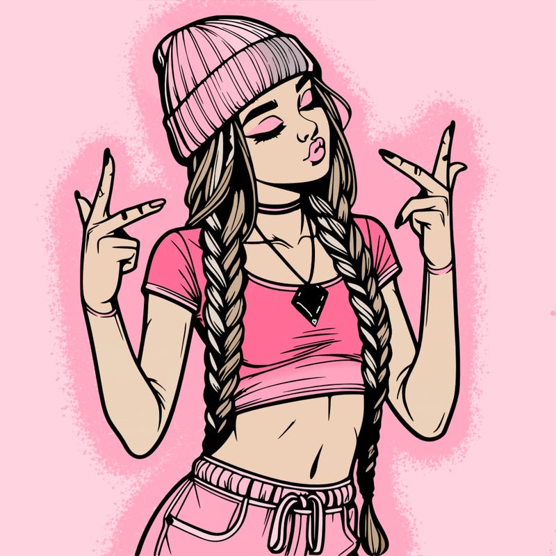 realistic teenage girl with braids and a beanie and crop top doing 🫶🏼