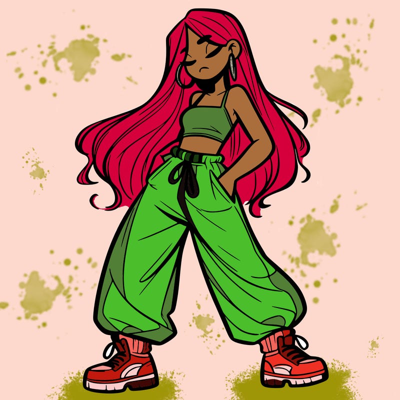 girl in baggy pants crop top and long hair