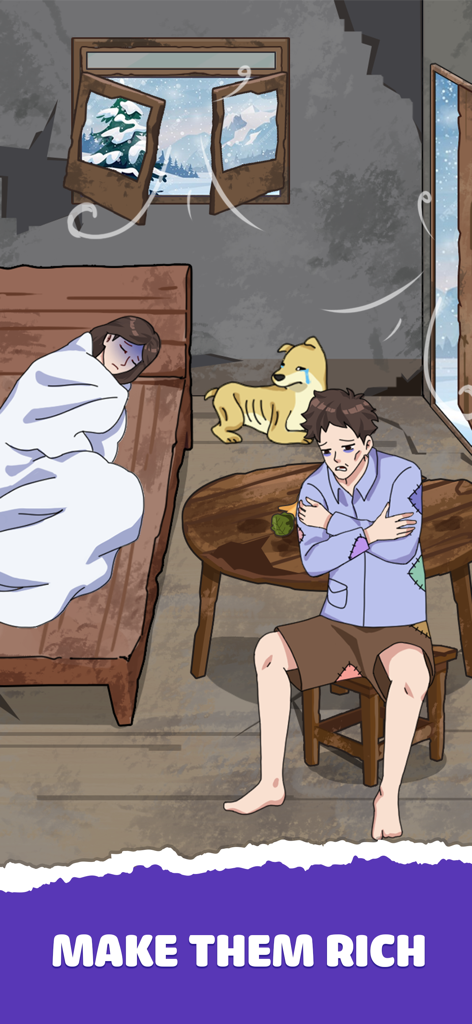 Tricky Prank: Annoying Quest - A brain teaser level showing a poor family shivering in a cold room with a crying dog and a prompt to make them rich