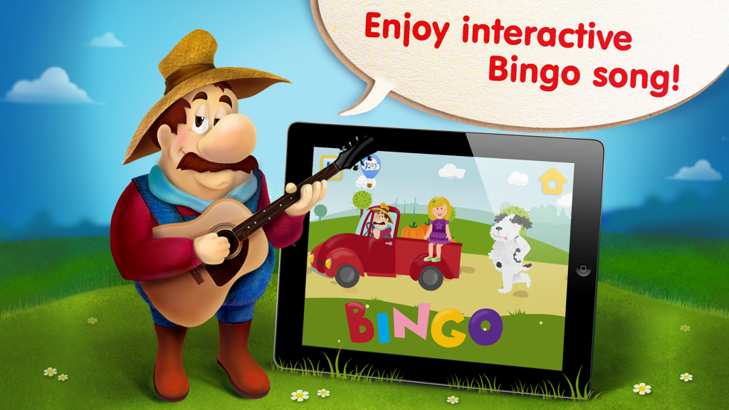 ABC Bingo Song for Kids: learn alphabet and phonics with karaoke nursery rhymes - Cartoon farmer playing guitar next to an iPad showing the ABC Bingo Song app