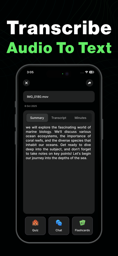 AI Note Taker- Meeting Minutes - Smartphone screen showing the AI Note Taker app interface with an automated summary of a marine biology recording and options for transcripts and quizzes.