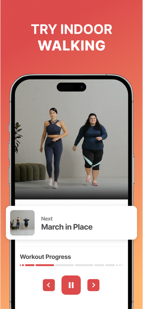 Walking Weight Loss | WalkFit - Interface do aplicativo WalkFit mostrando duas mulheres realizando um treino de marcha no lugar indoor.