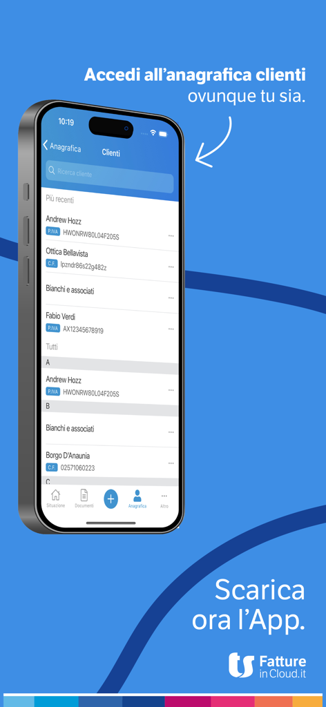 Smartphone screen displaying the client directory list within the Fatture in Cloud invoicing app