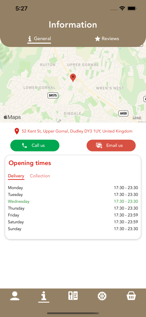 Aashiq's indian Restaurant - Aashiqs Indian Restaurant app information screen showing a map location and delivery opening times