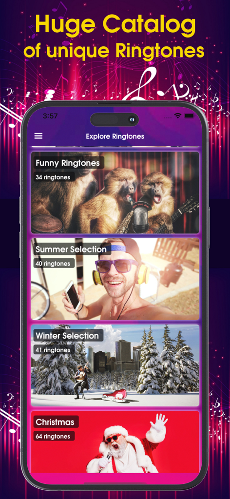 Mobile app interface displaying a catalog of unique ringtone categories like Funny, Summer, Winter, and Christmas