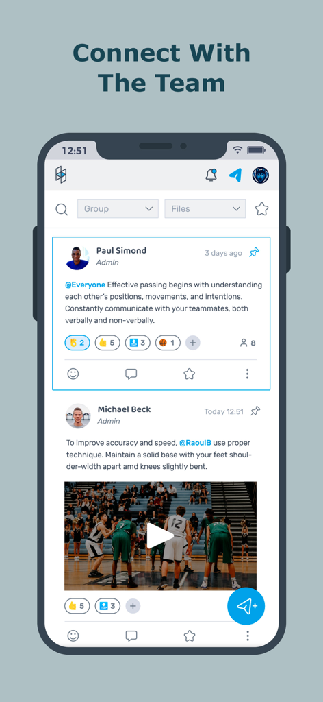 Nacsport Hub - Nacsport Hub mobile app interface showing a team communication feed with video analysis and coaching insights