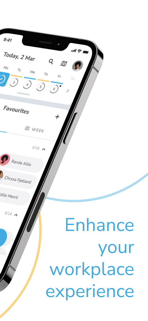 Calven - Un smartphone que muestra la interfaz de la aplicación Calven para gestionar horarios de trabajo híbridos y visibilidad de compañeros