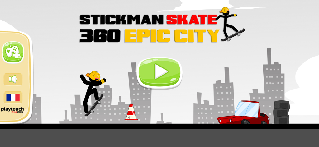Stickman Skate 360 Epic City - Main menu screen for Stickman Skate 360 Epic City featuring a stickman on a skateboard and a play button