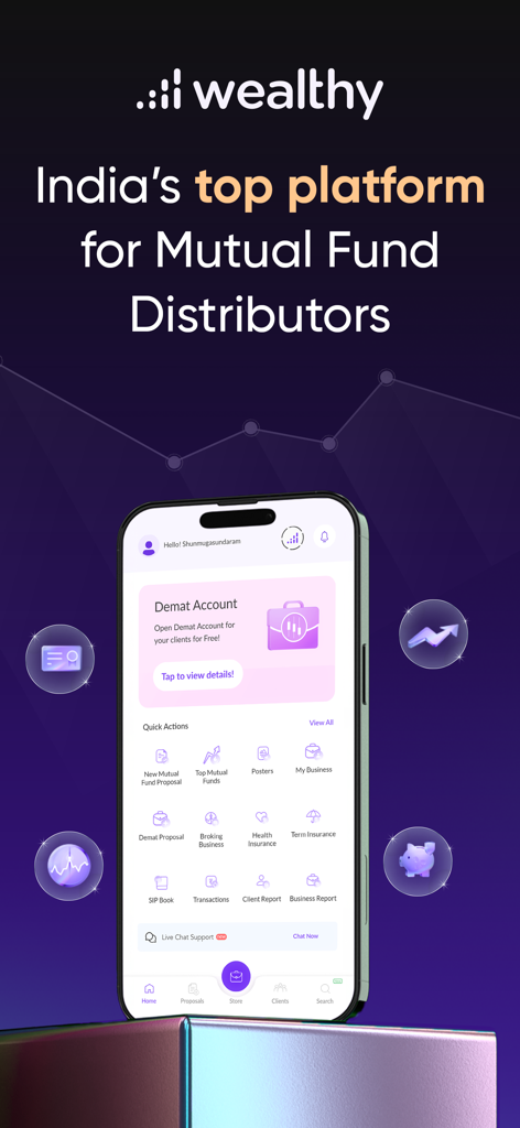Wealthy Partner - MFDs & IFAs - Wealthy Partner app interface showing a dashboard for Mutual Fund Distributors and financial advisors with various investment tools.