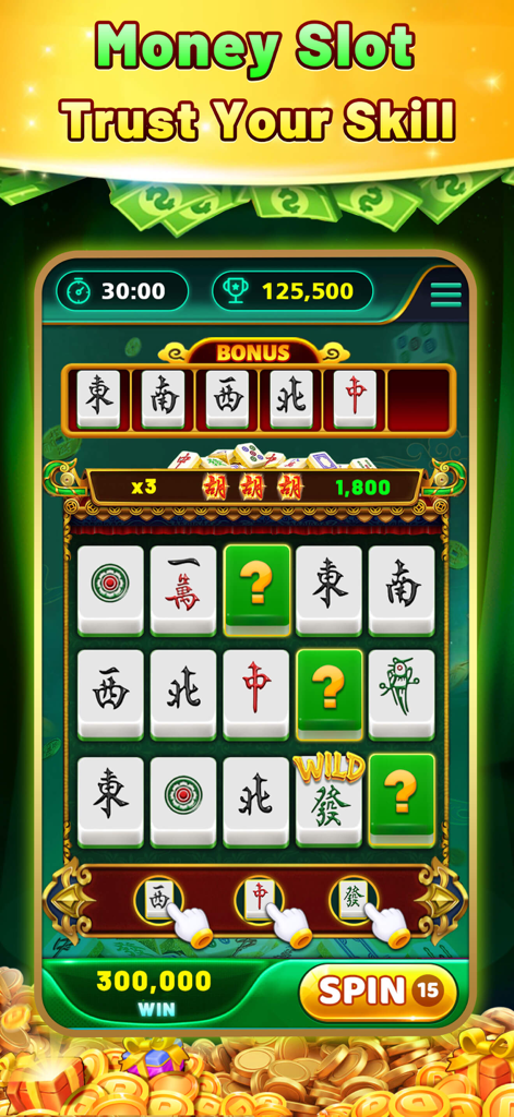 Money Slots - Win Real Cash - Mobile screen of Money Slots game showing Mahjong tiles on a slot board with a spin button and win counter