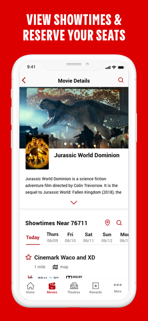 Cinemark app displaying movie details and showtimes for Jurassic World Dominion