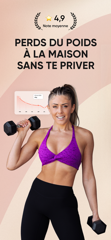 Grity - Sport & Nutrition - Une femme s'entraînant avec des haltères à côté d'un graphique de progression de perte de poids et d'une note élevée de l'application
