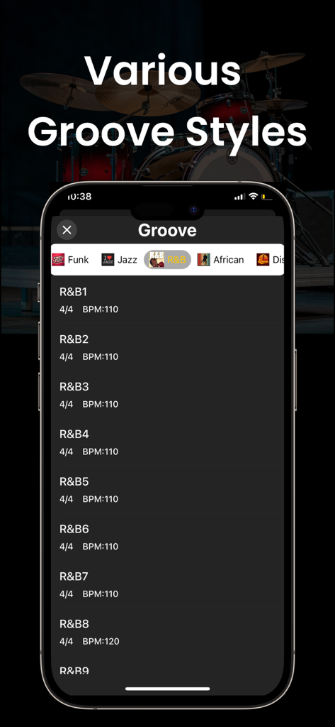 Drums Machine & Drum Set - A list of various R&B drum groove styles and BPM settings in the Drums Machine app