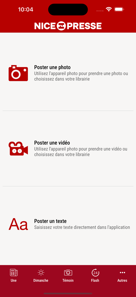 Nice-Presse - The reporting screen of the Nice-Presse app where users can share photos videos and text