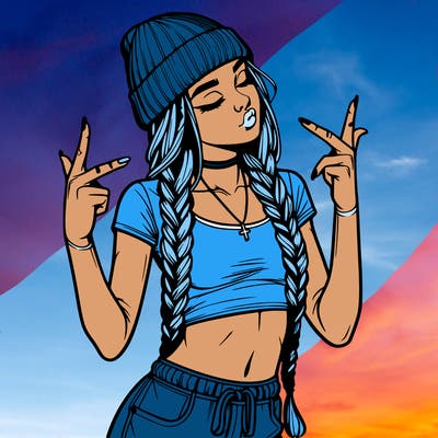 realistic teenage girl with braids and a beanie and crop top doing 🫶🏼