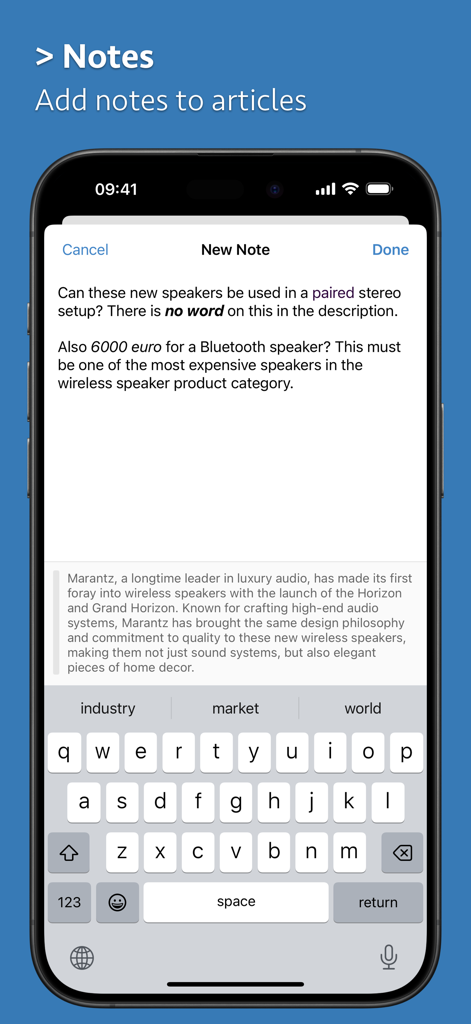 Interface of the News Explorer app showing the article notes feature on an iPhone
