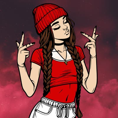 realistic teenage girl with braids and a beanie and crop top doing 🫶🏼