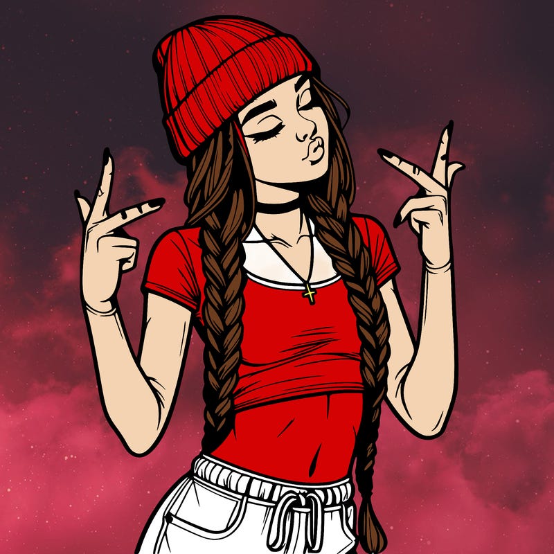 realistic teenage girl with braids and a beanie and crop top doing 🫶🏼