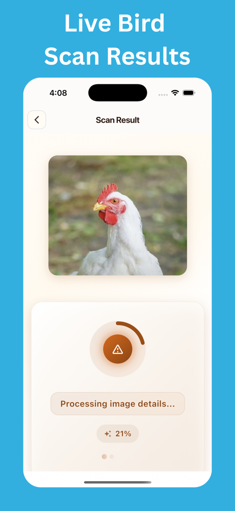 Chicken Identifier: AI Scan - Chicken Identifier app screen processing a live scan of a white chicken to identify its breed.